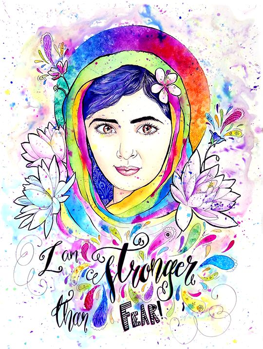 “I am stronger than fear!” -Malala Yousafzai This piece was painted on an 18x24 illustration board; I think this is the biggest watercolor painting I ever did! :) If you don’t know who Malala is, look her up. You will be supremely inspired!