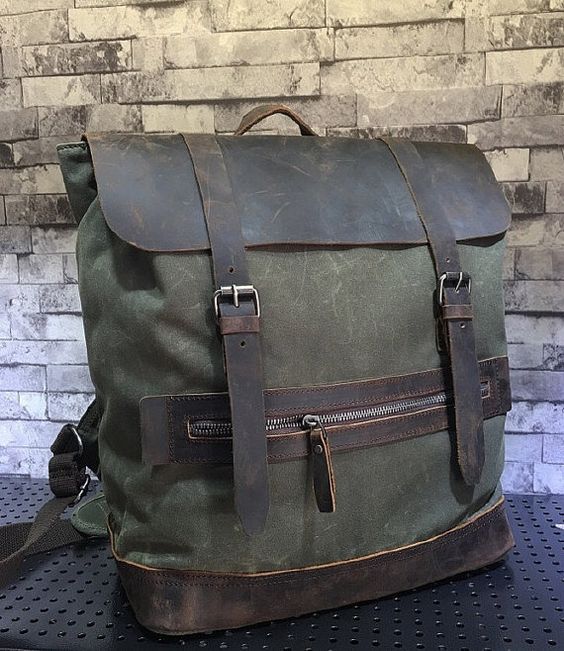 Campground Leather Canvas Backpack - Olive, waxed leather, water resistant…