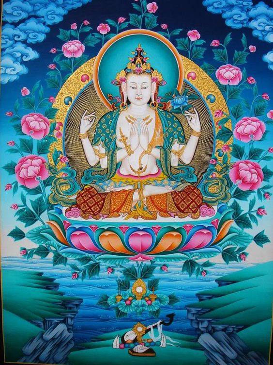 El buda Chenrezig en tibetano "ojos que miran" . Se le dedica el mantra om ma ni pad me hum. Om: Cuerpo, actitud compasiva Mani: Joya, acción compasiva efectiva Peme, Padme: Loto, sabiduría Hum: Sinergia resultante de la unión entre MANI y PEME. Repetido 108 veces y con verdadera devoción protege a todos los seres sintientes.