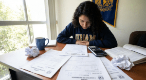 Estudiante estudiando para examen UNAM con materiales de estudio