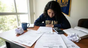 Estudiante estudiando para examen UNAM con materiales de estudio