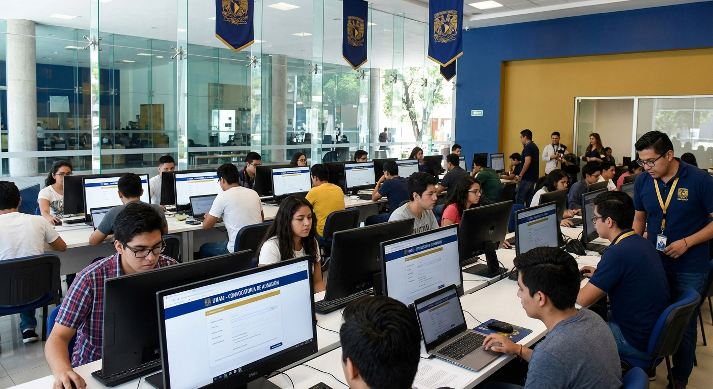 Estudiantes registrándose para examen UNAM
